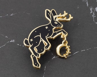 Jackalope Mythical Rabbit Hard Enamel Pin - Gold, Black - Bunny Lapel Pin Cloisonné Badge Mythology Moon Star Charm