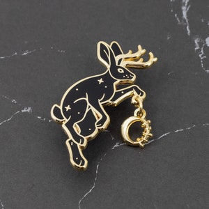 Jackalope Mythical Rabbit Hard Enamel Pin - Gold, Black - Bunny Lapel Pin Cloisonné Badge Mythology Moon Star Charm