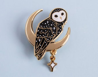 Sooty Owl Australian Bird Hard Enamel Pin - Black White Gold - Lapel Pin Cloisonné Badge