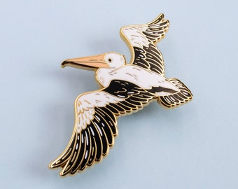 Australian Pelican Hard Enamel Bird Pin - White, Black, & Gold - Brooch, Badge, Jewellery, Lapel, Lanyard, Coastal Animals, Aussie Gifts
