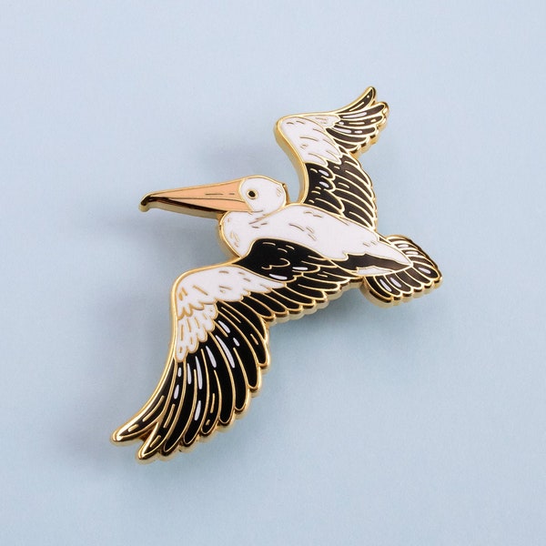 Australian Pelican Hard Enamel Bird Pin - White, Black, & Gold - Brooch, Badge, Jewellery, Lapel, Lanyard, Coastal Animals, Aussie Gifts