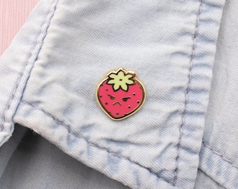 Tough Strawberry Hard Enamel Mini Pin - Gold Pink Green - Lapel Pin Cloisonné Badge Cute Fruit and Vegetable Board Fillers