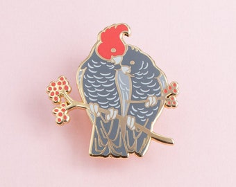 Gang-Gang Cockatoos Australian Bird Hard Enamel Pin - Pink Grey and Gold - Brooch, Badge, Jewellery, Lapel, Lanyard, Cute Animal