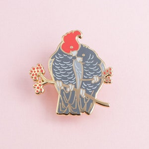 Gang-Gang Cockatoos Australian Bird Hard Enamel Pin - Pink Grey and Gold - Brooch, Badge, Jewellery, Lapel, Lanyard, Cute Animal