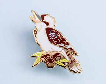Kookaburra Australian Bird Hard Enamel Pin - Brown, Blue, White, & Gold - Brooch, Badge, Jewellery, Lapel, Lanyard, Laughing, Avian
