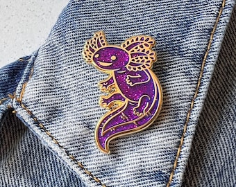 The Original Axolotl Hard Enamel Pin - Purple Glitter and Gold - Lapel Pin Cloisonné Badge