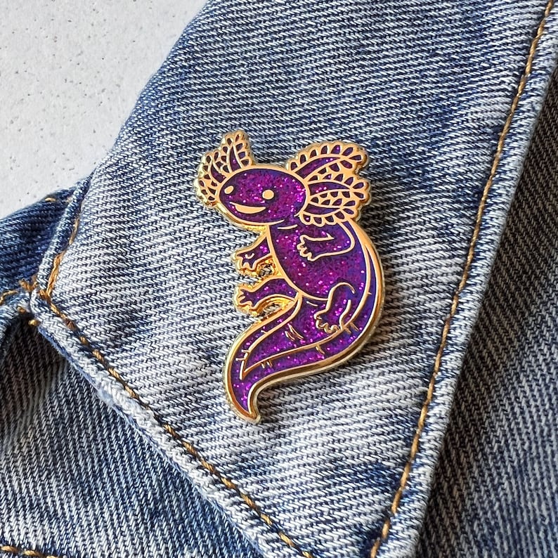 The Original Axolotl Hard Enamel Pin - Purple Glitter and Gold - Lapel Pin Cloisonné Badge
