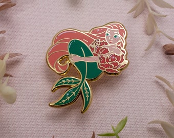 RETIRING! Peony Mermaid - Fleur-maids Enamel Pin Series - Gold, Green, Pink - Hard Enamel Lapel Pin Cloisonné Badge