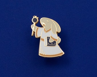 Rabbit Warrior White Mage Healer Hard Enamel Pin - Gold, Brown, Grey, Blue - Battle Bunny Fantasy Lapel Pin Cloisonné Badge Medieval RPG DnD