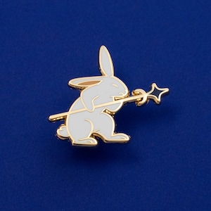 Rabbit Warrior Spear Hard Enamel Pin - Gold, White, Blue - Battle Bunny Fantasy Lapel Pin Cloisonné Badge Medieval RPG