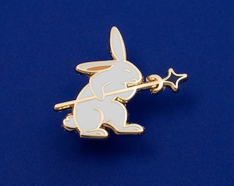 Rabbit Warrior Spear Hard Enamel Pin - Gold, White, Blue - Battle Bunny Fantasy Lapel Pin Cloisonné Badge Medieval RPG