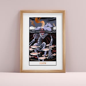 Death Tarot Card Illustration - A4 Size, Gold Foil Art Print, Purple, Red, Grey - Anime Cartoon Illustration Skeleton Woman Stars Magic