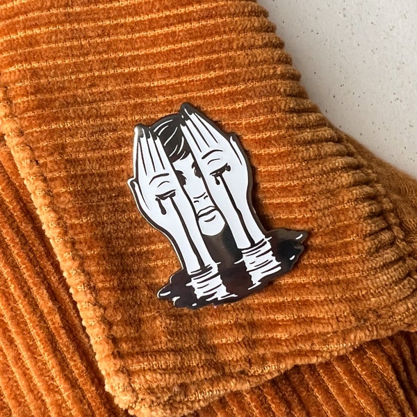 RETIRING! Crying Hands Hard Enamel Pin - Black Nickel, White Glow Enamel - Lapel Pin Cloisonné Badge Sad Art