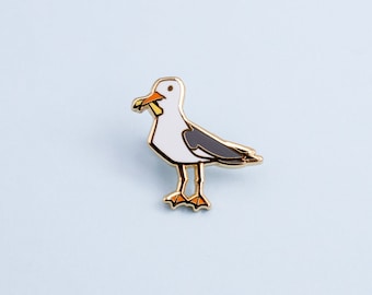 Seagull with Chip Australian Bird Hard Enamel Mini Pin - White Grey and Gold - Lapel Pin Cloisonné Badge