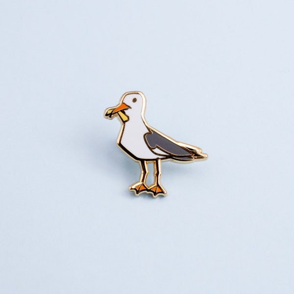 Seagull with Chip Australian Bird Hard Enamel Mini Pin - White Grey and Gold - Lapel Pin Cloisonné Badge