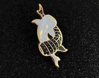 Pisces Zodiac Hard Enamel Pin - Blue, Black, Gold - Sun Sign Star Horoscope Astrology Mythology Whale Shark Lapel Pin Cloisonné Badge