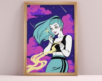 The Sparkler - A4 Print - Comic Animation Art Illustration Purple Pink Blue Woman Clouds Match Anime Aesthetic Vaporwave