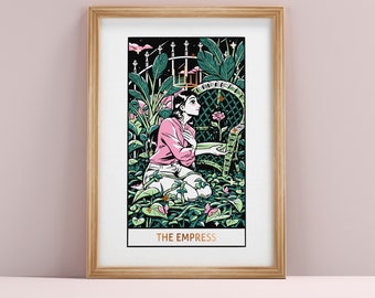 The Empress Tarot Card Illustration - A4 Size GOLD FOIL Print - Anime Cartoon Art Illustration Woman Garden Palm Plants Flowers