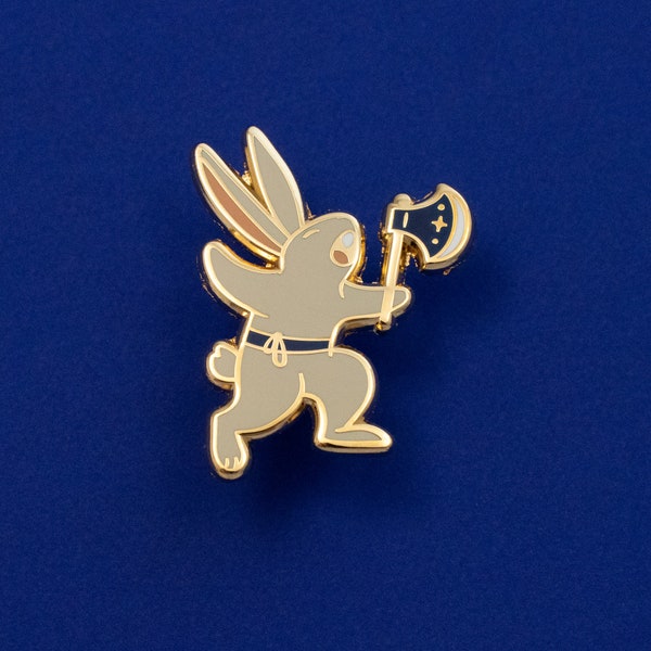 Rabbit Warrior Axe Hard Enamel Pin - Gold, Brown, Grey, Blue - Battle Bunny Fantasy Lapel Pin Cloisonné Badge Medieval RPG