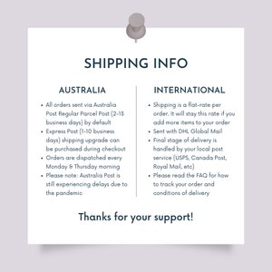 May include: A white and black graphic with the text "Shipping Info" at the top. The graphic is divided into two sections, one for Australia and one for International. The graphic lists shipping information for orders from Australia and internationally. The graphic includes the text "Thanks for your support!"