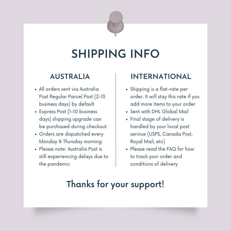May include: A white and black graphic with the text "Shipping Info" at the top. The graphic is divided into two sections, one for Australia and one for International. The graphic lists shipping information for orders from Australia and internationally. The graphic includes the text "Thanks for your support!"
