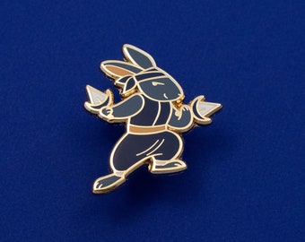 Rabbit Warrior Rogue Hard Enamel Pin - Gold, Brown, Grey, Blue - Battle Bunny Fantasy Lapel Pin Cloisonné Badge Medieval RPG DnD Class