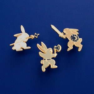 Rabbit Warrior Spear Hard Enamel Pin - Gold, White, Blue - Battle Bunny ...