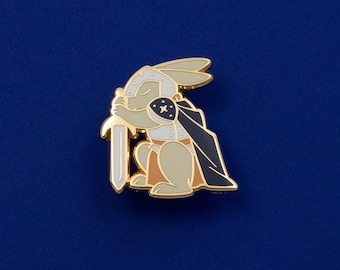 Rabbit Warrior Paladin Hard Enamel Pin - Gold, Brown, Grey, Blue - Battle Bunny Fantasy Lapel Pin Cloisonné Badge Medieval RPG DnD Class