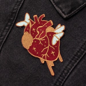 Heart Iron on Patch - Red, Gold, Blue Green - DIY, Embroidered, Applique, Anatomical Heart, Butterfly, Romantic Goth, Witchy Vibes