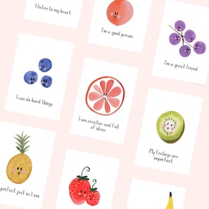 Affirmatiekaarten voor kinderen | Happy Fruits | Set van 15 afdrukbare kaarten | Affirmatiemuurkunst voor kinderen | Angst | ADHD