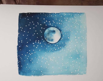 Little Blue Full Moon Giclée Print à partir de peinture d’art à l’aquarelle originale