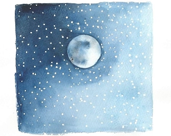 Little Blue Full Moon Greeting Card from original watercolour art painting