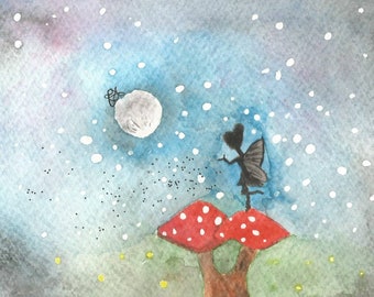 Greeting Card of original Watercolour Art Painting Litha Fairy blowing dust flying over Toad Stools under the Moonlight and Stars