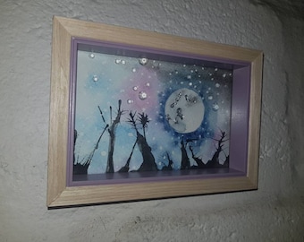 Moon Art Watercolour Painting Mini Full Moon with Silver leaf and Crystals and Multicolour Sky 150mm x 100mm