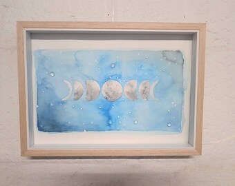 Watercolour Art Moon Cycle Painting 310mm x 240mm with silver leaf and crystals