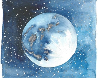 Silver Blue Full Moon Greeting Card from watercolour painting with Silver leaf art