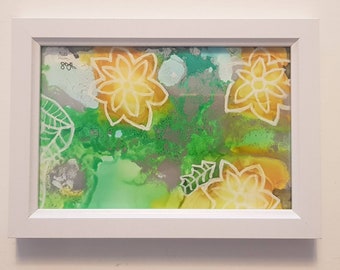 Floral alcohol ink painting with beautiful spring colours and silver ink.  150mm x 100mm