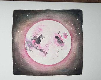 Pink Full Moon Giclée Print from original watercolour art painting