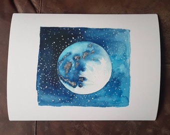 Silver Blue  Full Moon Giclée Print from original watercolour art painting