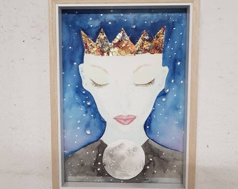 Watercolour, holding flake, silver flake and crystals painting of a deity possibly Selene the Goddess of the Moon.