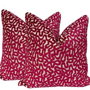 PAIR of Magenta Squiggle cut velvet pillow covers -Magenta velvet backing