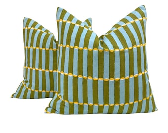 Hand Block Print Pillow Cover Set | Schumacher Luna Khaki Linen