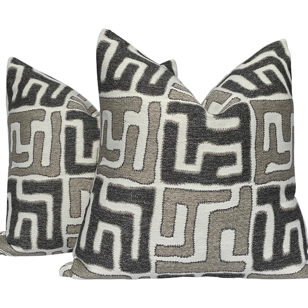PAIR of Inside Out Gray and Tan Kuba Inspired Pillow Covers backed with Belgian Linen