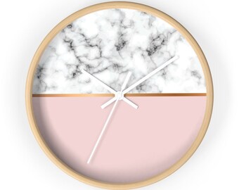 Marble Wall Clock Decor - Pink Gold White Clock Art - Office Decor Wall Art - Office Decor Accessories Decorations - Bathroom Wall Decor