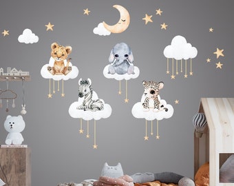 Safari animals nursery wall decal, watercolor animal on cloud nursery art. Repositionable fabric nursery wall decor!