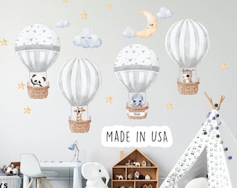 Vinilo decorativo de globo aerostático para pared. ¡Reposicionable y sin residuos! Fácil de usar. Decoración de pared con globo aerostático estilo safari para la habitación de tu bebé o niño.