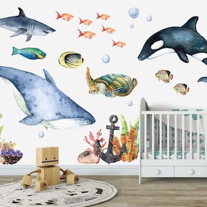 Ocean Animals Fabric wall decal set, nursery sticker set, dolphin, whale shark turtle watercolor peel and stick!