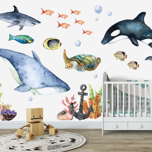 Sticker Mural Baleine Bleue – Sous-marin Avec Bulles – Déco Chambre Bébé (neuf)