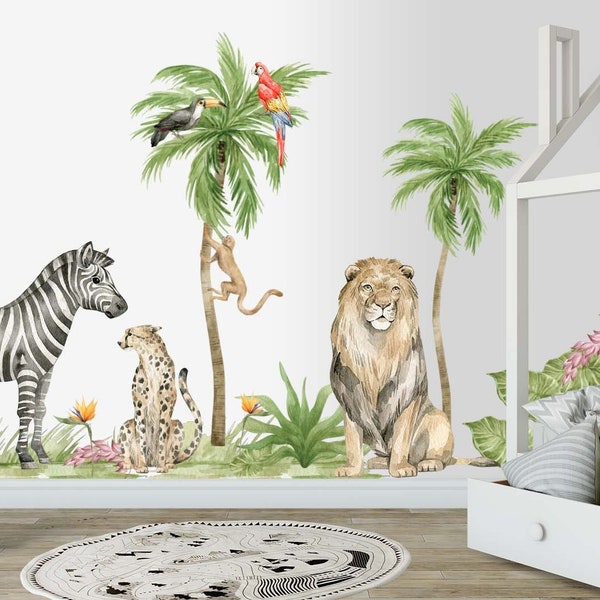 XL Safari Stoff Wandaufkleber für Kinder, Safari Tiere, Wandtattoo, Afrika Aquarell Aufkleber Set, Kinderzimmer schälen und kleben Kinderzimmer Wanddeko