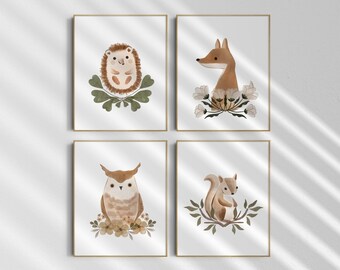 Boho fox woodland wall art print Set of 4 RINTED VERSION, boho woodland wall art, Forest nursery Nursery Prints Watercolor BW11-A4